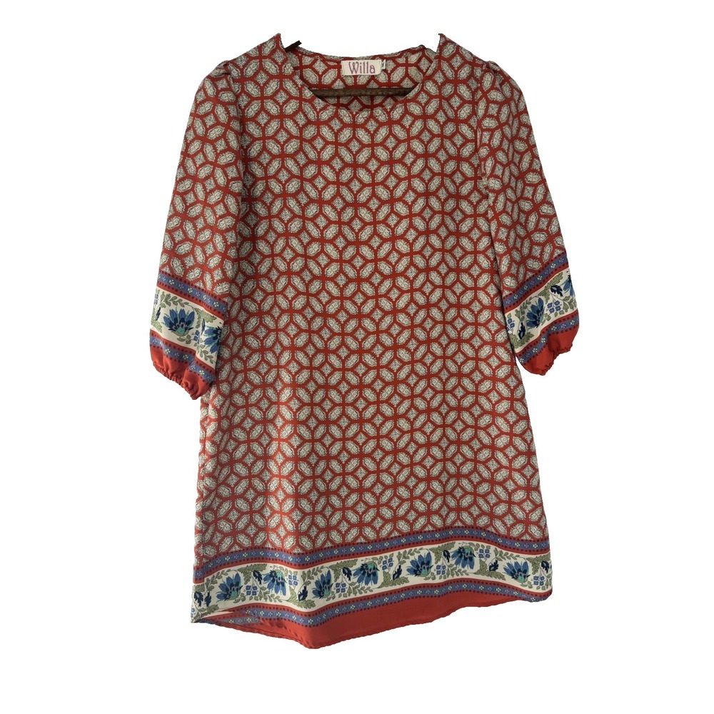 Willa Mini Shift Dress M Geometric Floral Orange  3/4 Sleeve USA Boho Cottage